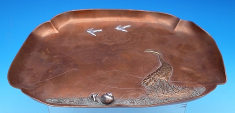 Tray #B65 copper with applied silver birds, copper stork and silver snail  Circa 1880  7 1/2